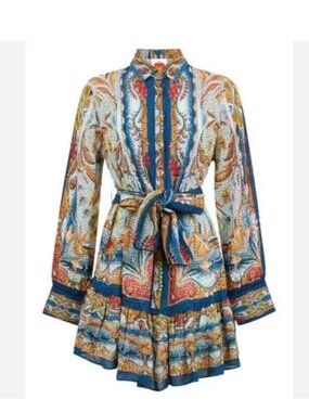 Farm Rio Mosaic Garden Soft Blue Long Sleeves Mini Dress Medium NWT
